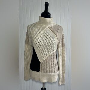 Cliche Chunky Knit Turtleneck Sweater Black Tan Colorblock Women's Size Small